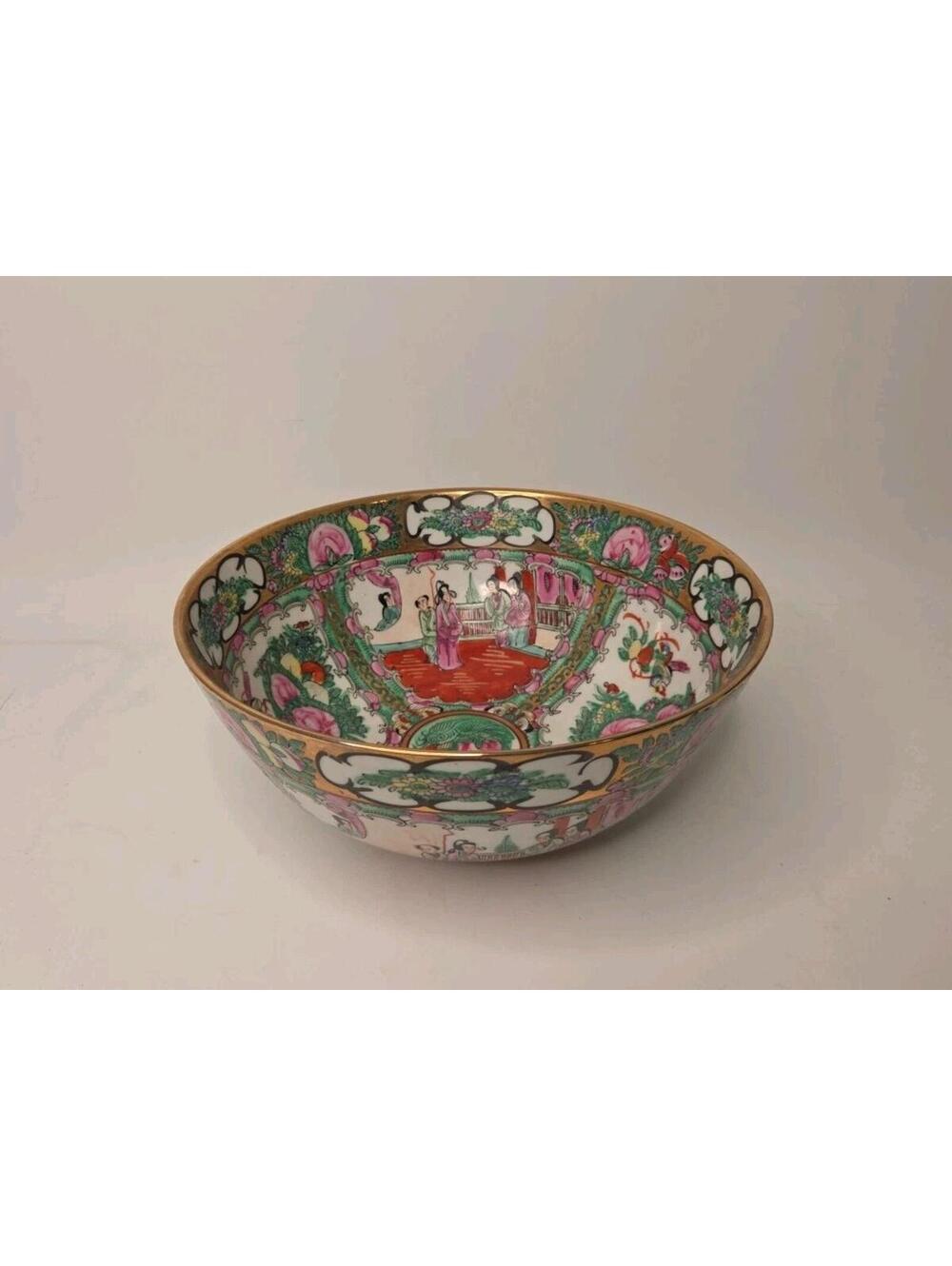 Chinese Rose Medallion Bowl 10" Porcelain Asian Vintage Deep Heavy Hand Painted